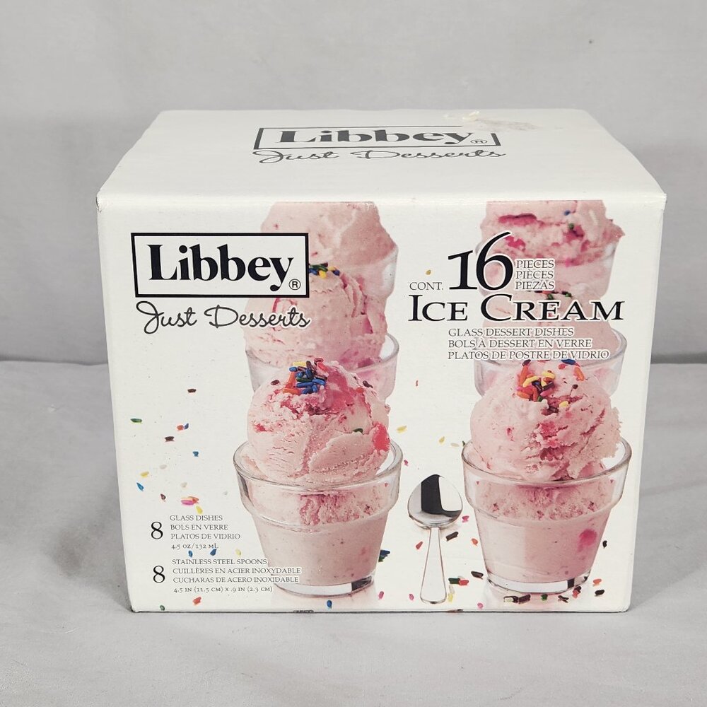 Libbey Just Desserts Mini Ice Cream Dishes & Spoons 16 Piece New In Box Party